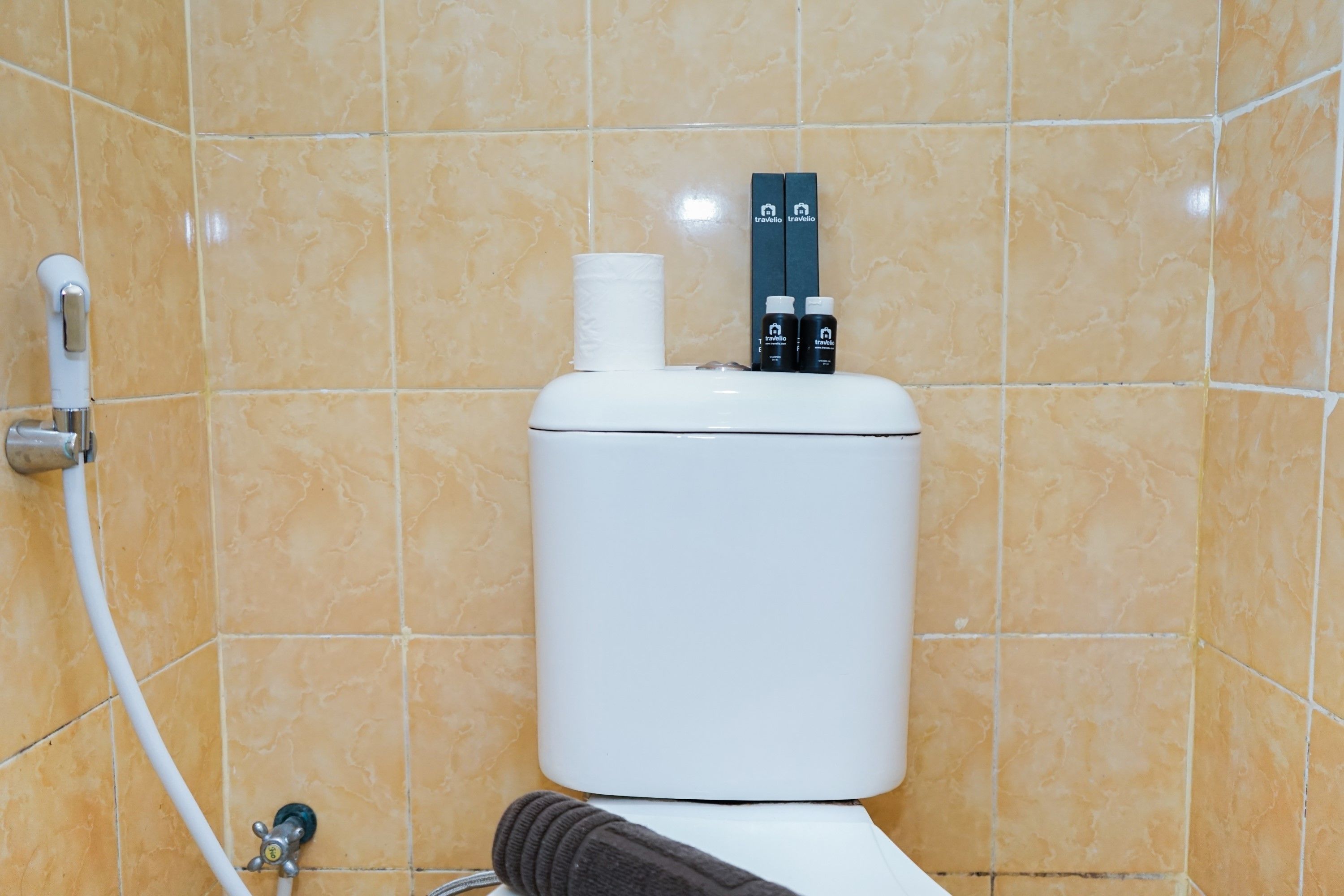 Een badkamer met een toilet, een handdoek en een doucheslang.