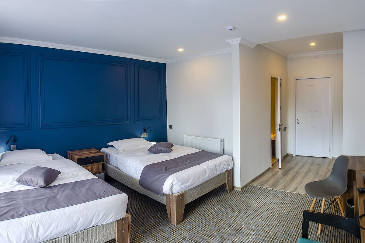 Hypo-allergenic bedding, desk, laptop workspace, soundproofing