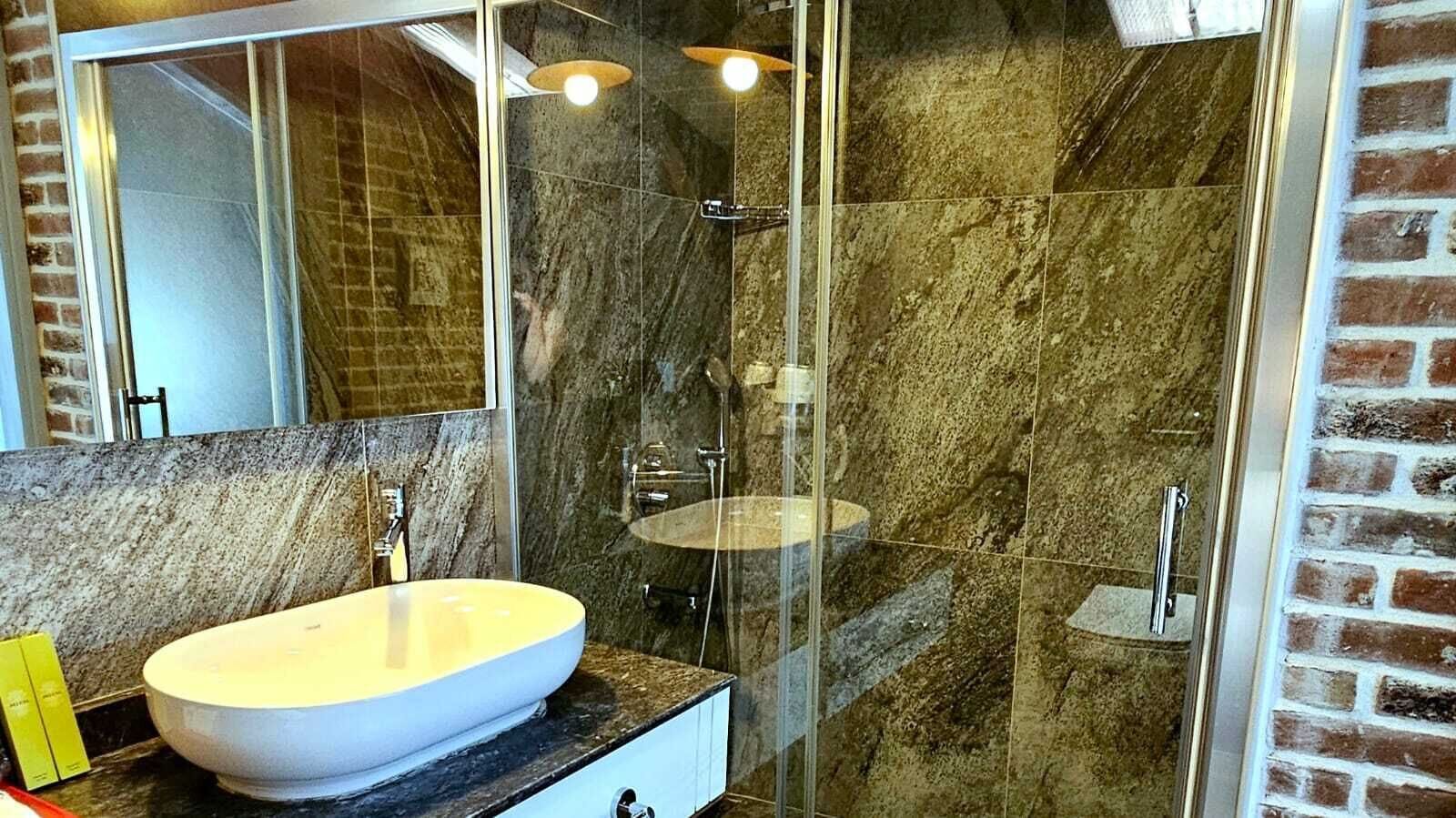 A bathroom with a large oval sink, a glass-enclosed shower, and a mirror.