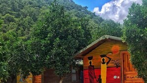A row of rustic wooden cabins with a mural on the front wall, set against a backdrop of lush greenery and a mountain. - Olympos Alaturka Pansiyon (Kumluca)