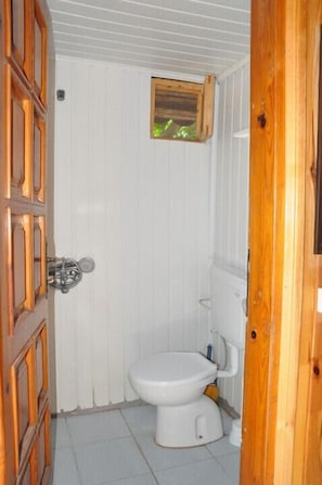 A small, compact bathroom with white walls and a wooden door. It includes a toilet, a small window, and a radiator. - Olympos Alaturka Pansiyon (Kumluca)