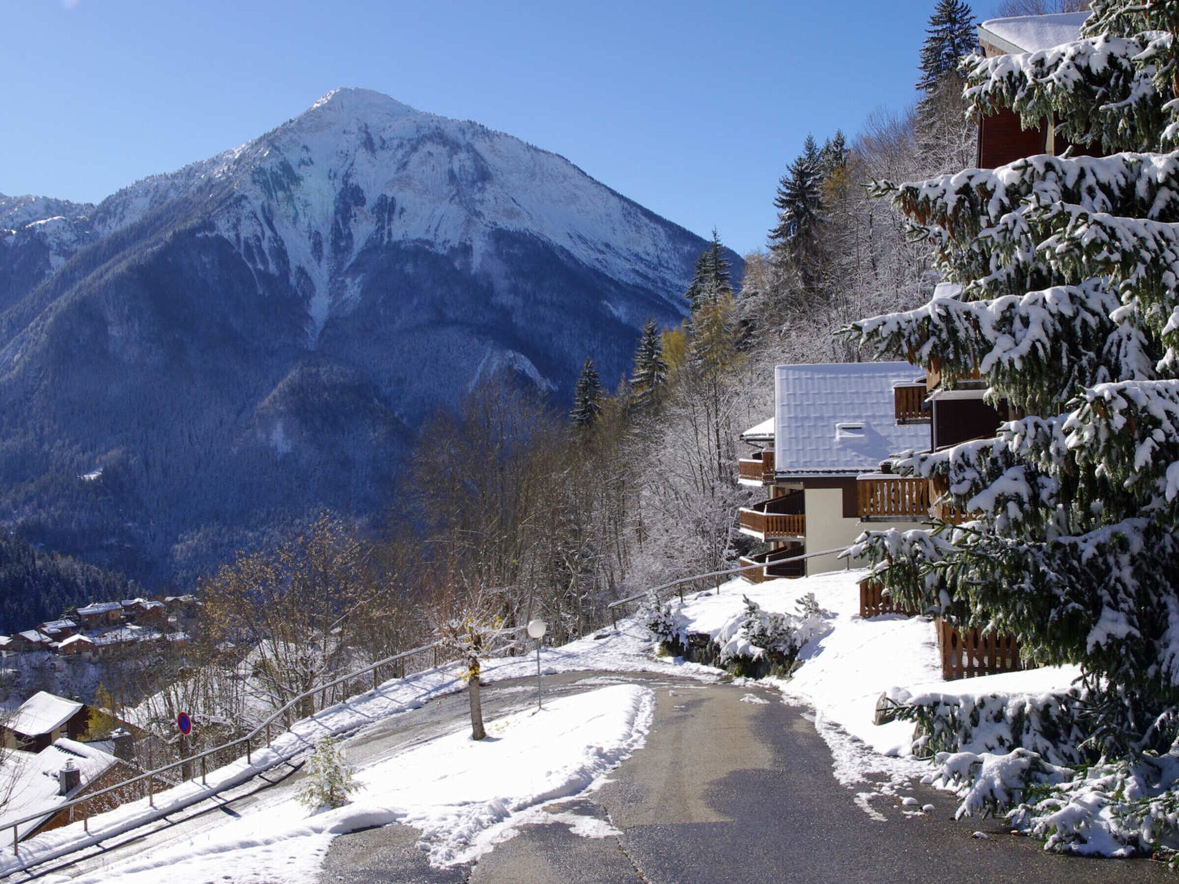 A mountain lodge with a snow-covered path leading to the entrance, surrounded by snow-laden trees and a backdrop of a snow-capped mountain.