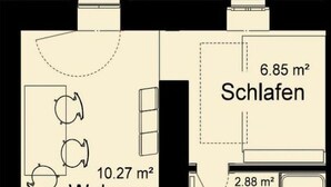 A floor plan with a living area of 10.27 m², a bedroom of 6.85 m², and a bathroom of 2.88 m². - FeWo Leibnizallee (Weimar)
