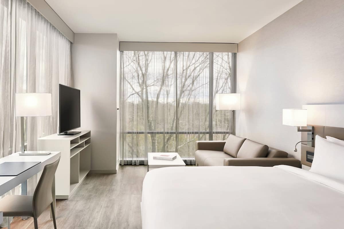 Una habitación de hotel moderna con una cama grande, un escritorio, un televisor y un sofá.