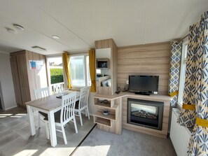 Televisión de pantalla plana y chimenea