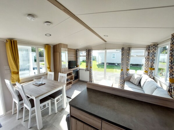 Televisión de pantalla plana y chimenea