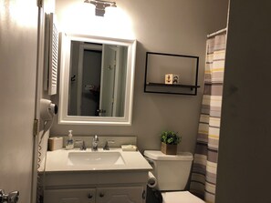 Un bagno con lavandino bianco, uno specchio, un piccolo ripiano con articoli da toilette, un water e una tenda per la doccia.