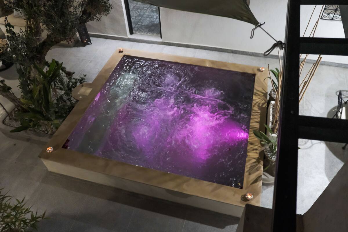 A rectangular water feature with a reflective surface, surrounded by plants and a wooden frame.
