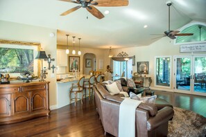 Smart TV, fireplace, DVD player, music library