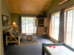 Fernseher, Kamin, Bücher, Arbeitsbereiche