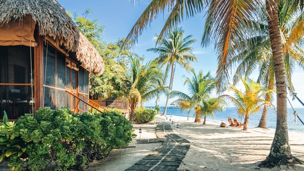A beachfront property with a thatched-roof building, palm trees, and a sandy pathway leading to the sea. - Turtle Inn by Francis Ford Coppola (Placencia)