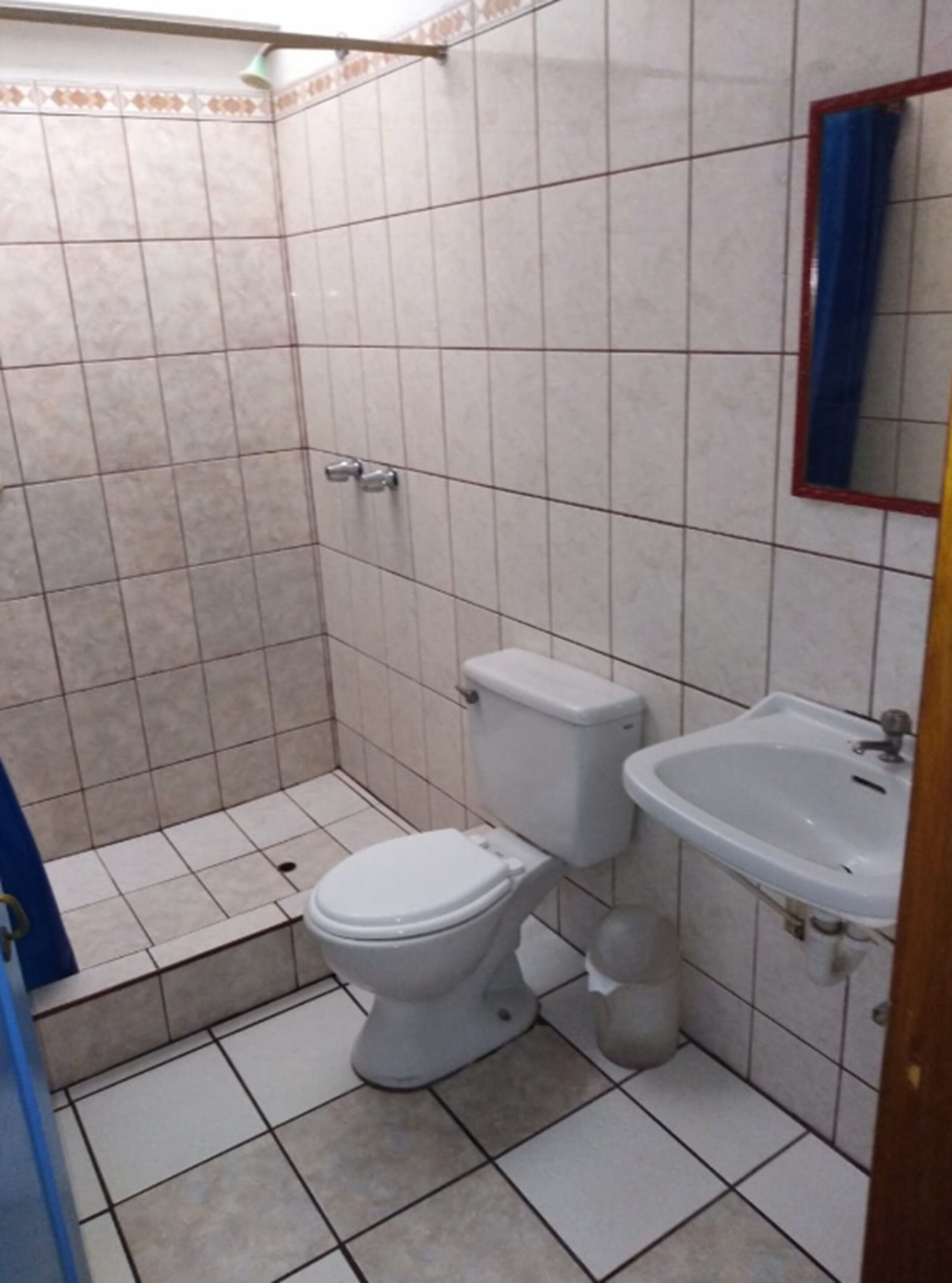 Un baño pequeño con inodoro, lavamanos y ducha.