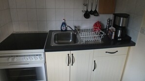 Una cocina con un lavamanos de acero inoxidable, un escurreplatos, una cafetera y una estufa.