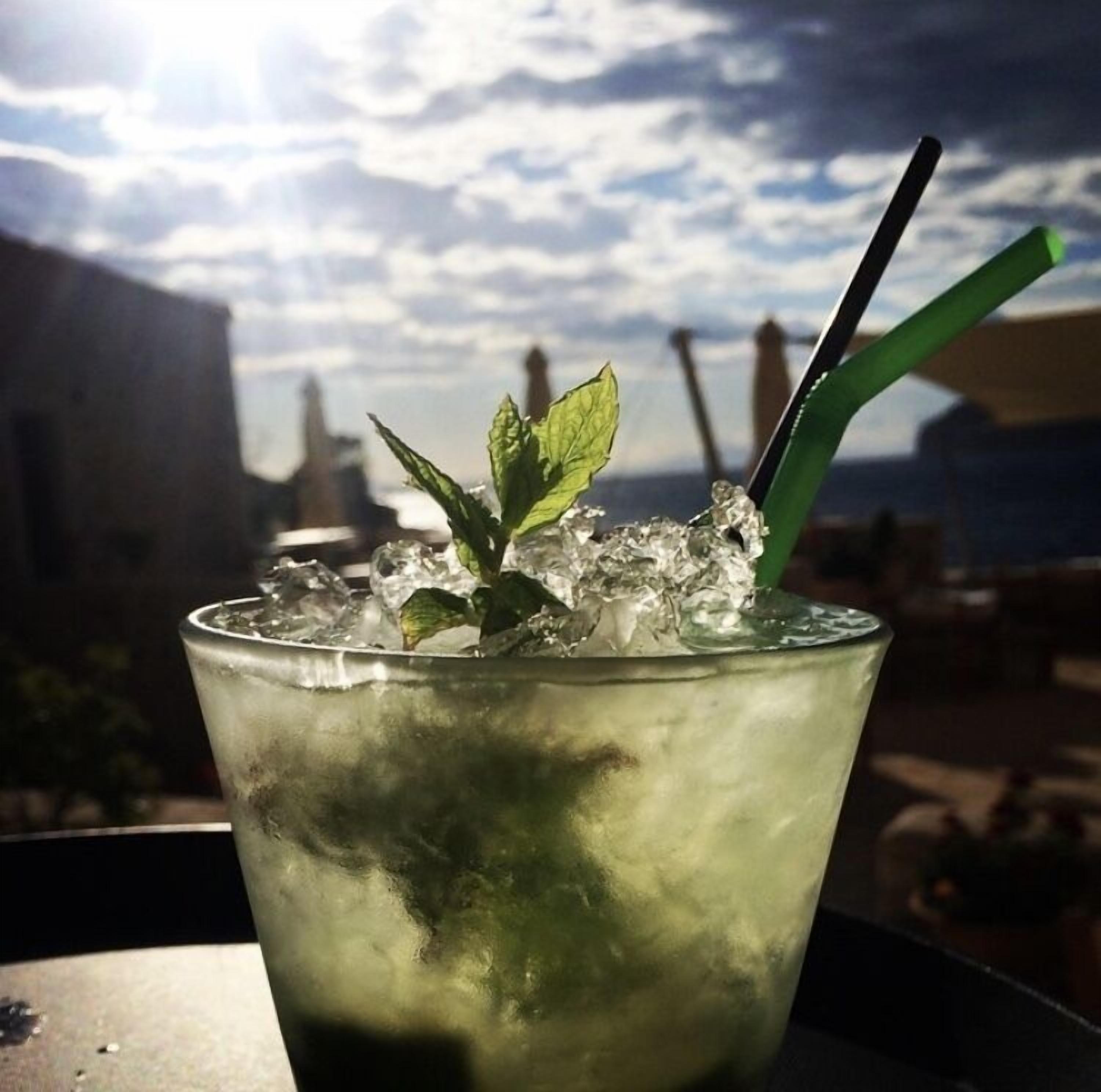 Un vaso con una ramita de menta y una pajita, lleno de hielo y una bebida, con un cielo nublado y edificios al fondo.