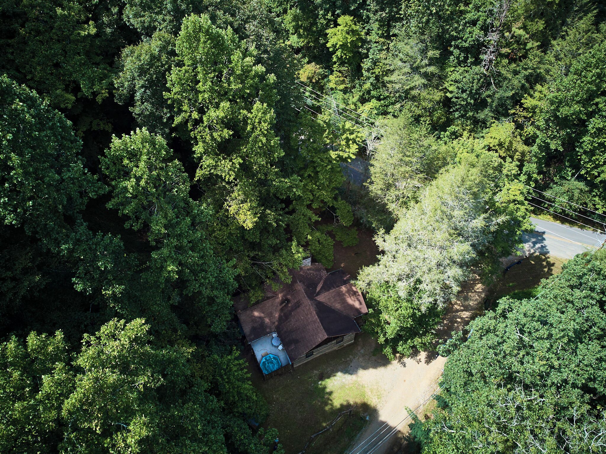 An aerial view of a house surrounded by dense trees, with a visible swimming pool and a road nearby.