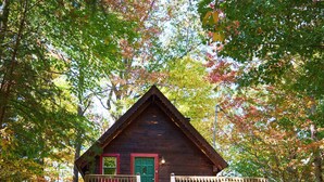 Een chalet met een veranda en een groene deur, omgeven door bomen en herfstbladeren.