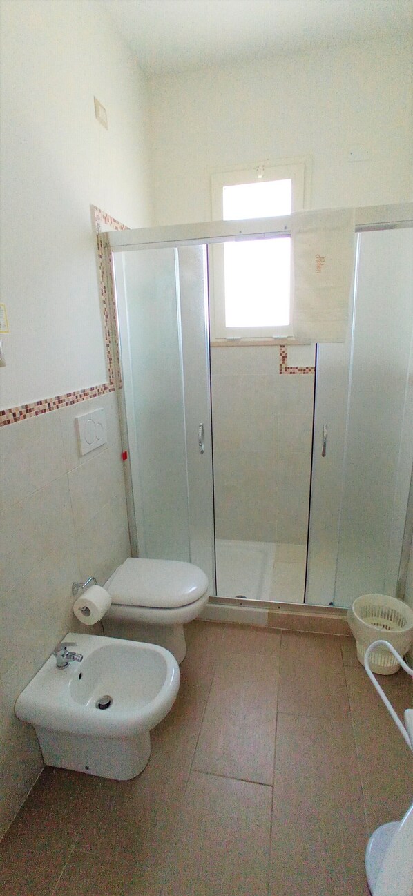 A small bathroom with a toilet, bidet, and glass-enclosed shower stall.
