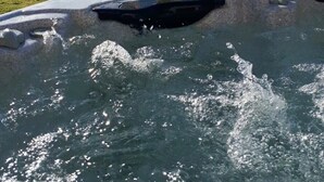 Ein Whirlpool mit zwei Wassergläsern, umgeben von einer Rasenfläche und wolkenlosem Himmel.