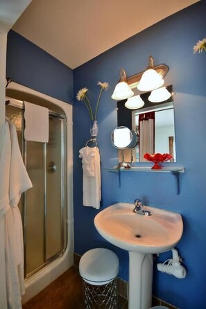 A bathroom with a shower, a sink, and a mirror.