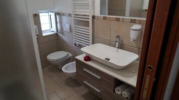 Shower, hair dryer, bidet, towels