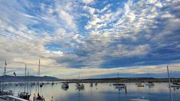 A marina with multiple boats docked, calm water, and a clear sky with clouds.