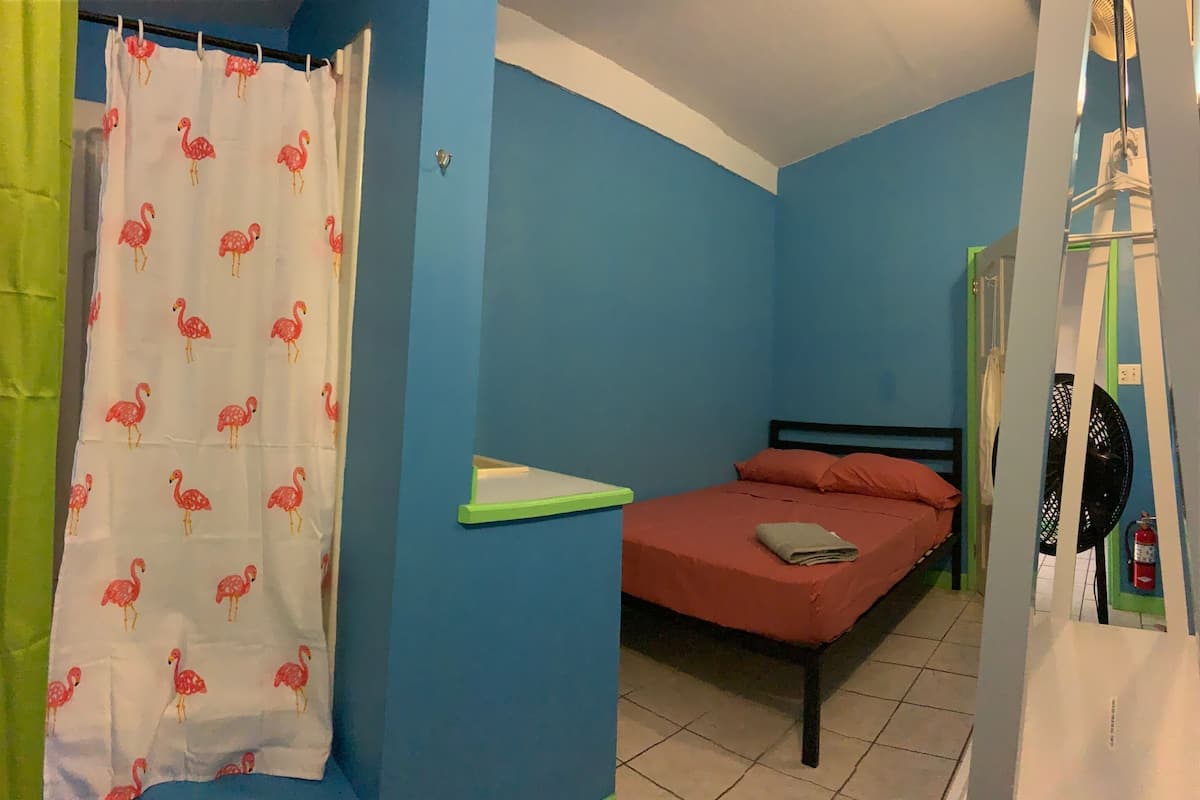 A small, single-bed room with a blue wall, a green curtain, and a white shower curtain with a flamingo pattern.
