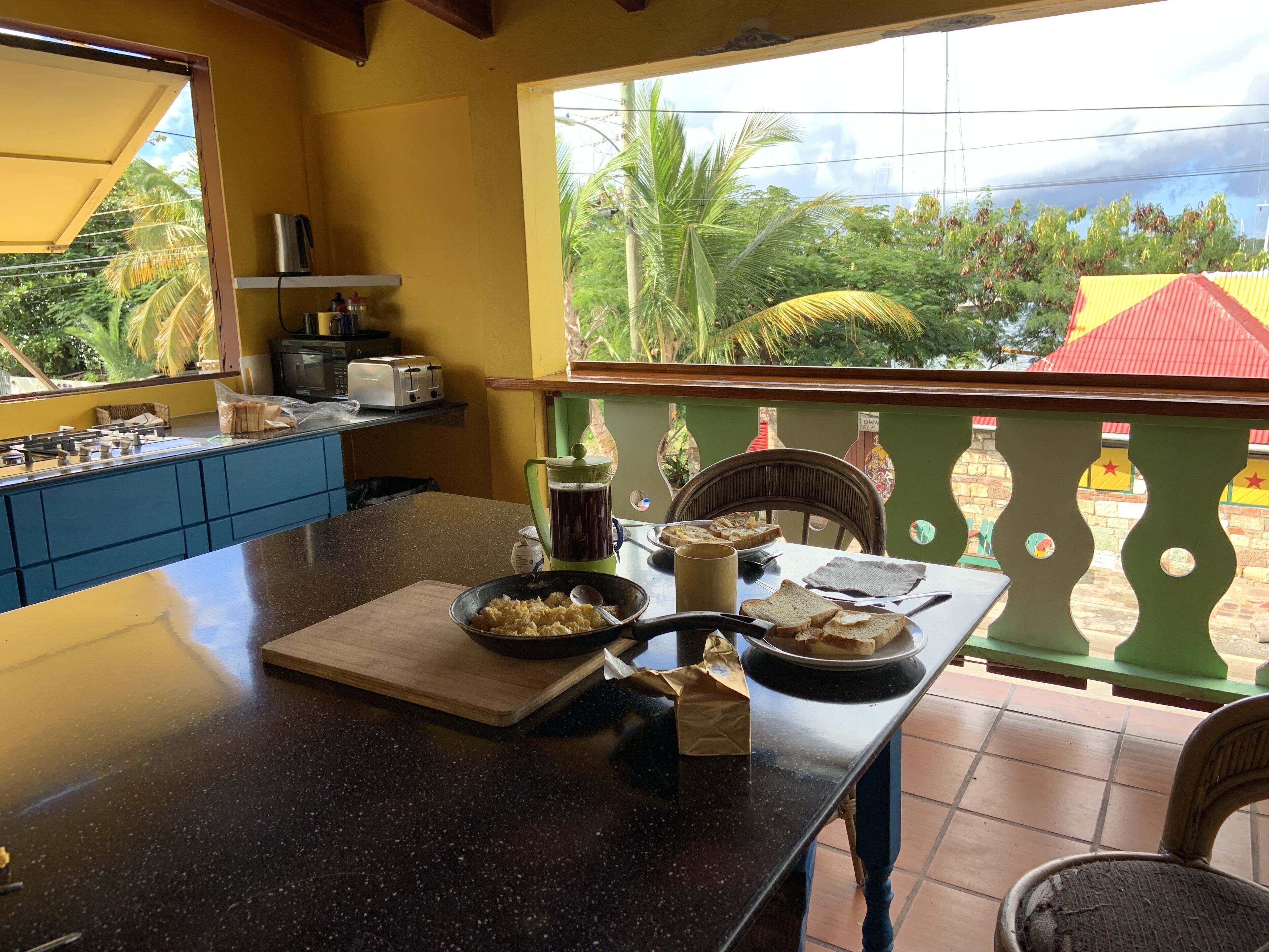 Fridge, microwave, electric kettle, toaster