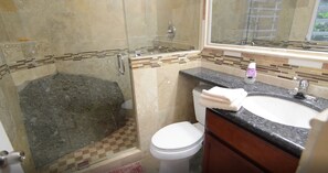 Shower, eco-friendly toiletries, hair dryer, towels