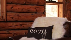 A cozy cabin interior with a wooden log wall, a sign that reads "IT'S THE MOST WONDERFUL TIME OF THE YEAR," a silhouette of a horse, and a plush chair with a "cozy" pillow.