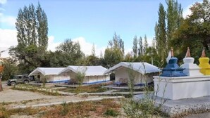 A row of simple, white tents with blue trim, set in a natural, open area with trees in the background. - Apple Cottage Nubra - Glamping (Leh)