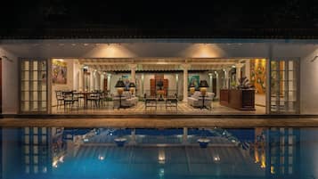 Outdoor pool, pool umbrellas, pool loungers