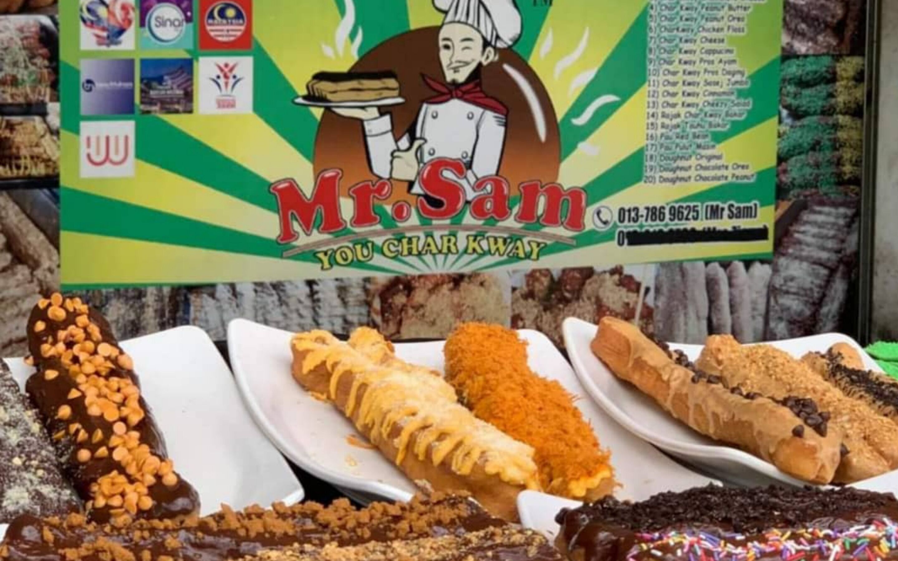 A menu board for Mr. Sam Char Kway with various dishes displayed.