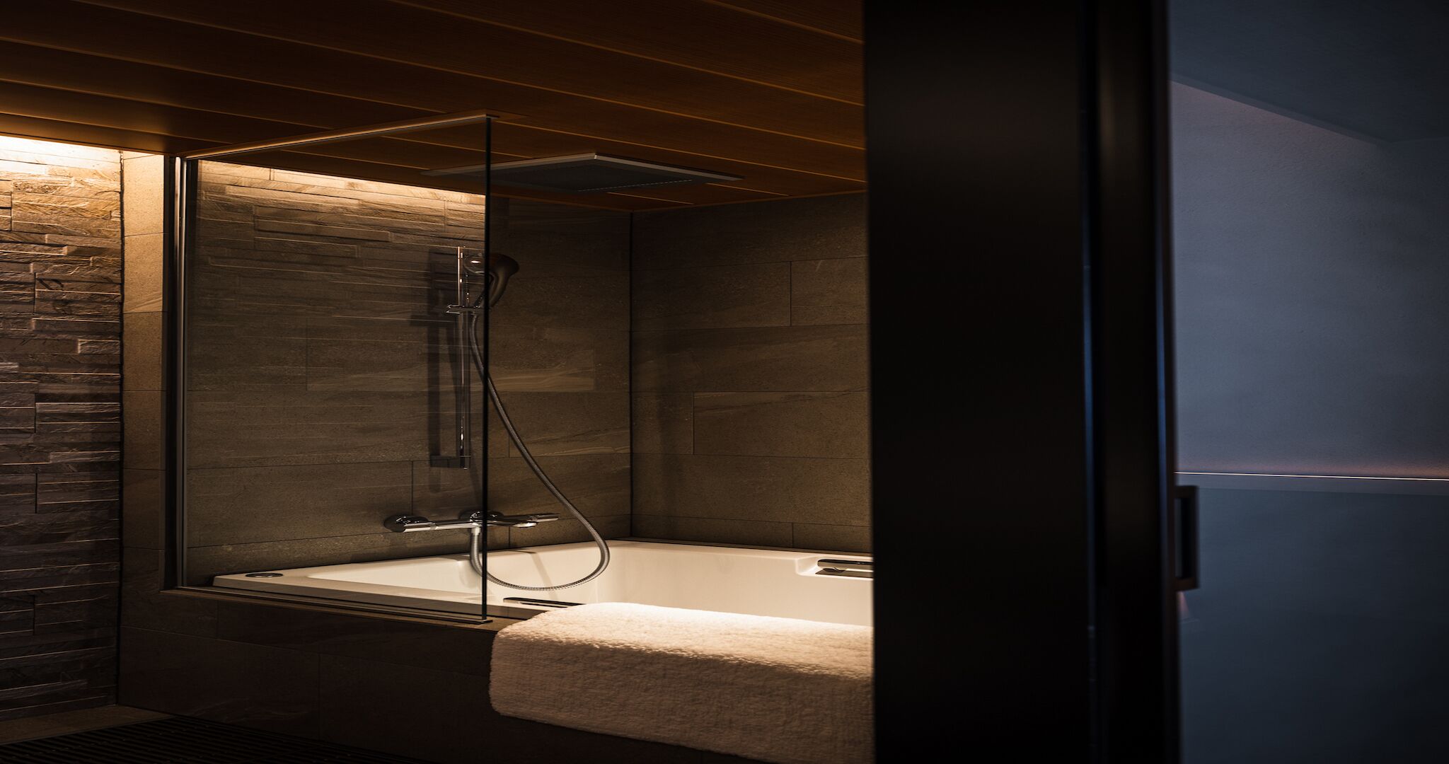 A modern bathroom with a glass-enclosed shower, a bathtub, and a wooden ceiling.