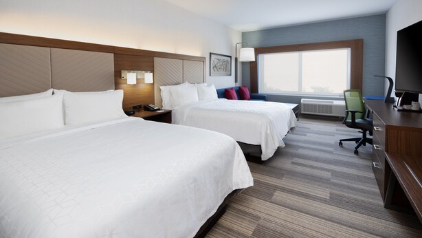 A hotel room with two beds, a desk, a chair, and a large window. - Holiday Inn Express & Suites Murrieta by IHG (Murrieta)