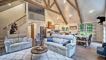 TV, fireplace, books