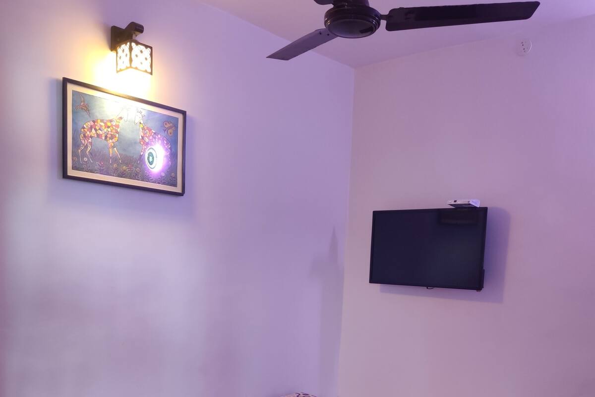 Een slaapkamer met een bed, een plafondventilator, een televisie en een wandlamp.