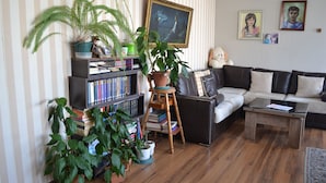 A living room with a sofa, coffee table, bookshelf, and potted plants. - Your House in Tbilisi (Tbilisi)