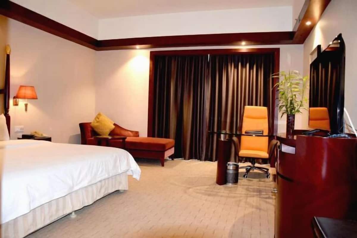 Une chambre d’hôtel avec un lit, un bureau, une chaise, une lampe, une plante et une grande fenêtre avec des rideaux.