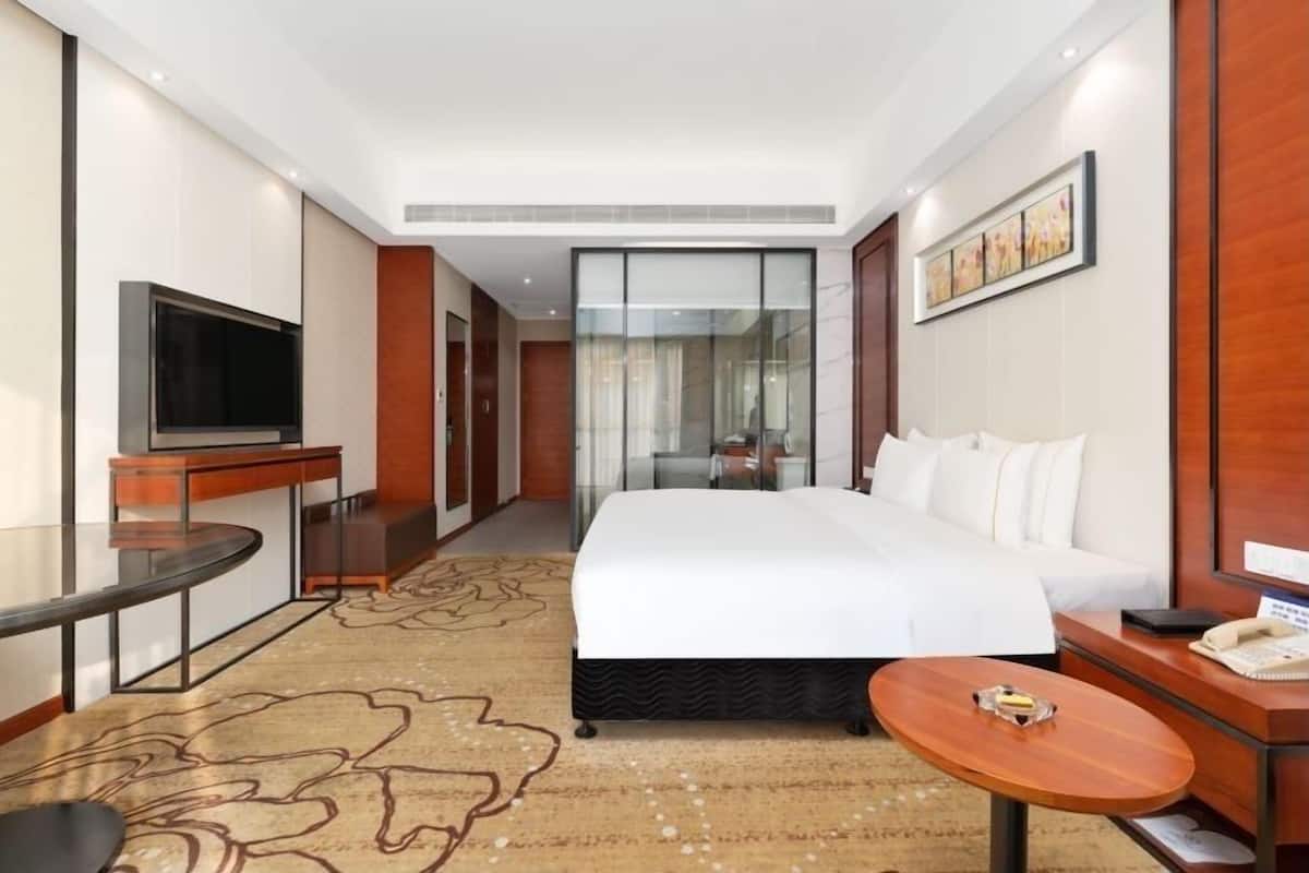 Une chambre d’hôtel avec un grand lit, un bureau avec une chaise, une télévision et une cloison en verre.