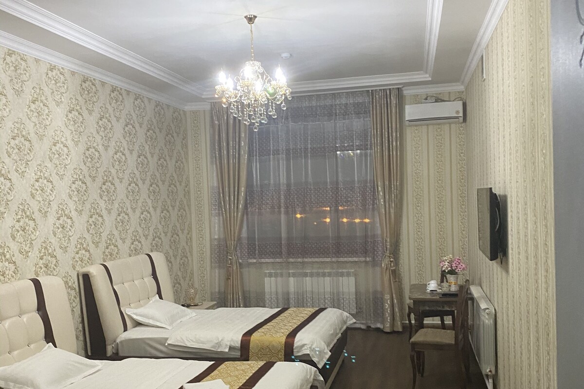 Habitación de hotel con dos camas, una araña, un aire acondicionado, una mesita con un florero y un televisor en la pared.