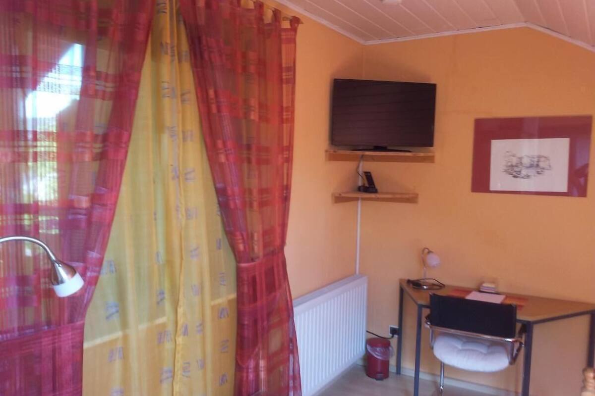 A room with a bed, a desk with a chair, a TV on a shelf, a radiator, and a window with curtains.