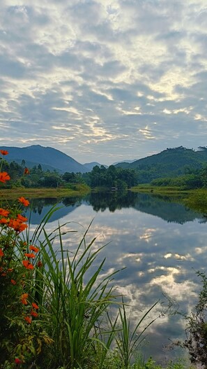 A calm lake with reflections of the sky and surrounding greenery. - Vu Linh Farmstay - Hostel (Thac Ba)