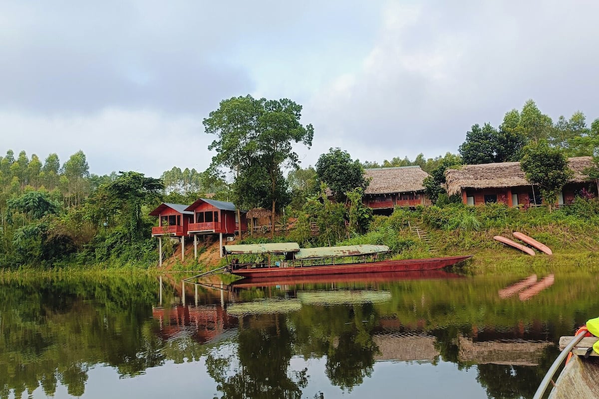 Un hébergement au bord du lac, avec des chalets à toits de chaume, un quai avec des bateaux et une végétation luxuriante.