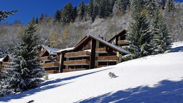 Una cabaña de madera con varios balcones, rodeada de árboles cubiertos de nieve y un cielo azul despejado.
