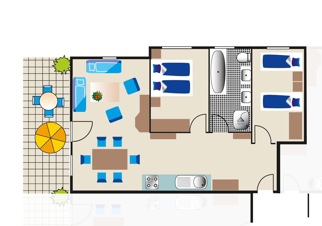 Un aménagement de chambre d’hôtel comprenant une cuisine, un coin repas et deux salles de bain.