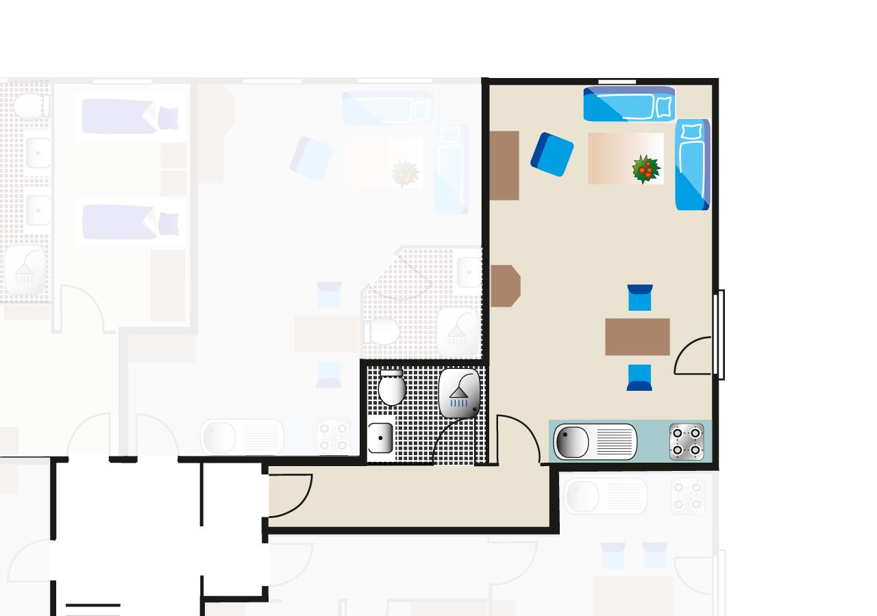 A floor plan of a hotel room with a kitchenette, a bathroom, and a seating area with a table and chairs.