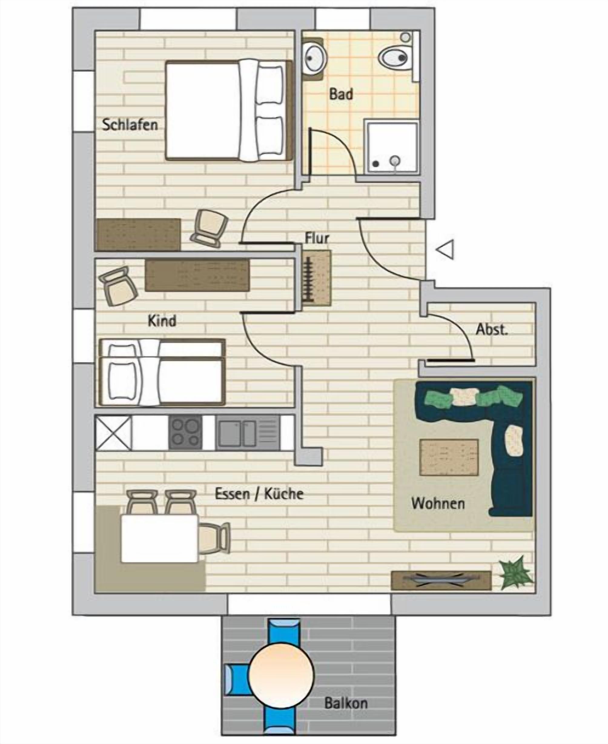 A hotel floor plan with a bathroom, bedroom, kitchen, living room, balcony, and a small outdoor area.