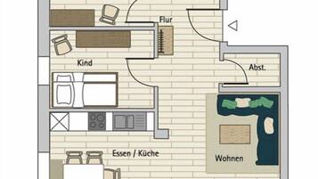 A hotel floor plan with a bathroom, bedroom, kitchen, living room, balcony, and a small outdoor area.