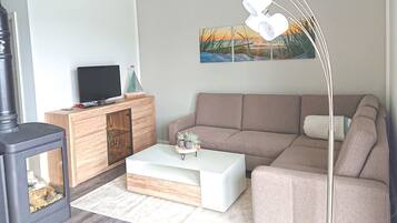 Ein modernes Wohnzimmer mit Sofa, Couchtisch, Fernseher auf einer Holzkommode und Kamin.