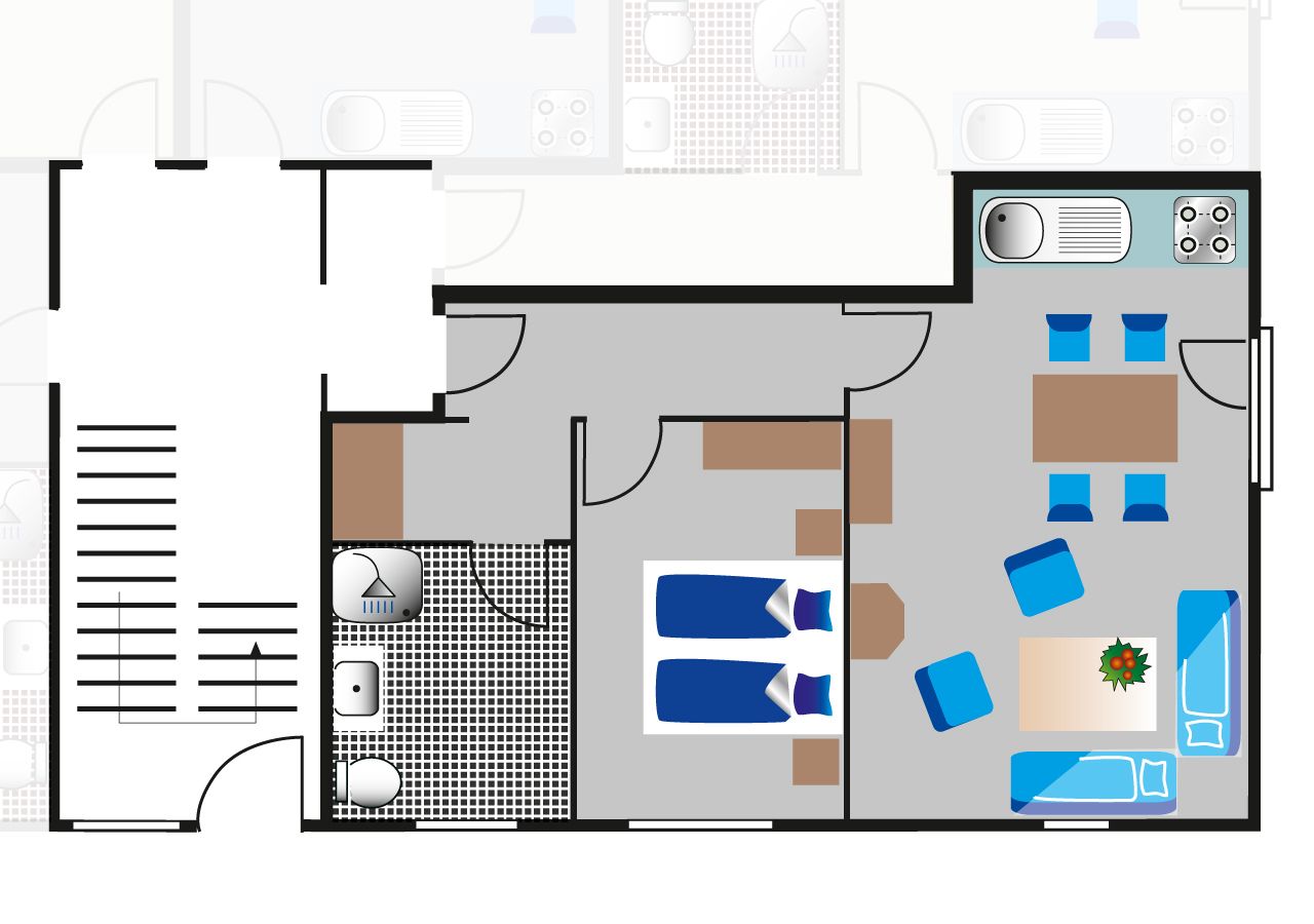 A hotel room layout with a bed, seating area, kitchenette, and a bathroom.